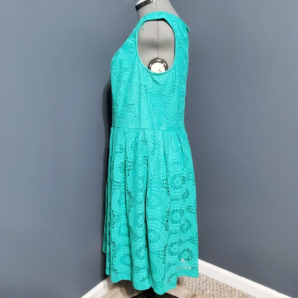 London Times Teal Aqua Green Lace Midi Fit and Flare Dress Size 14W - Picture 2 of 6
